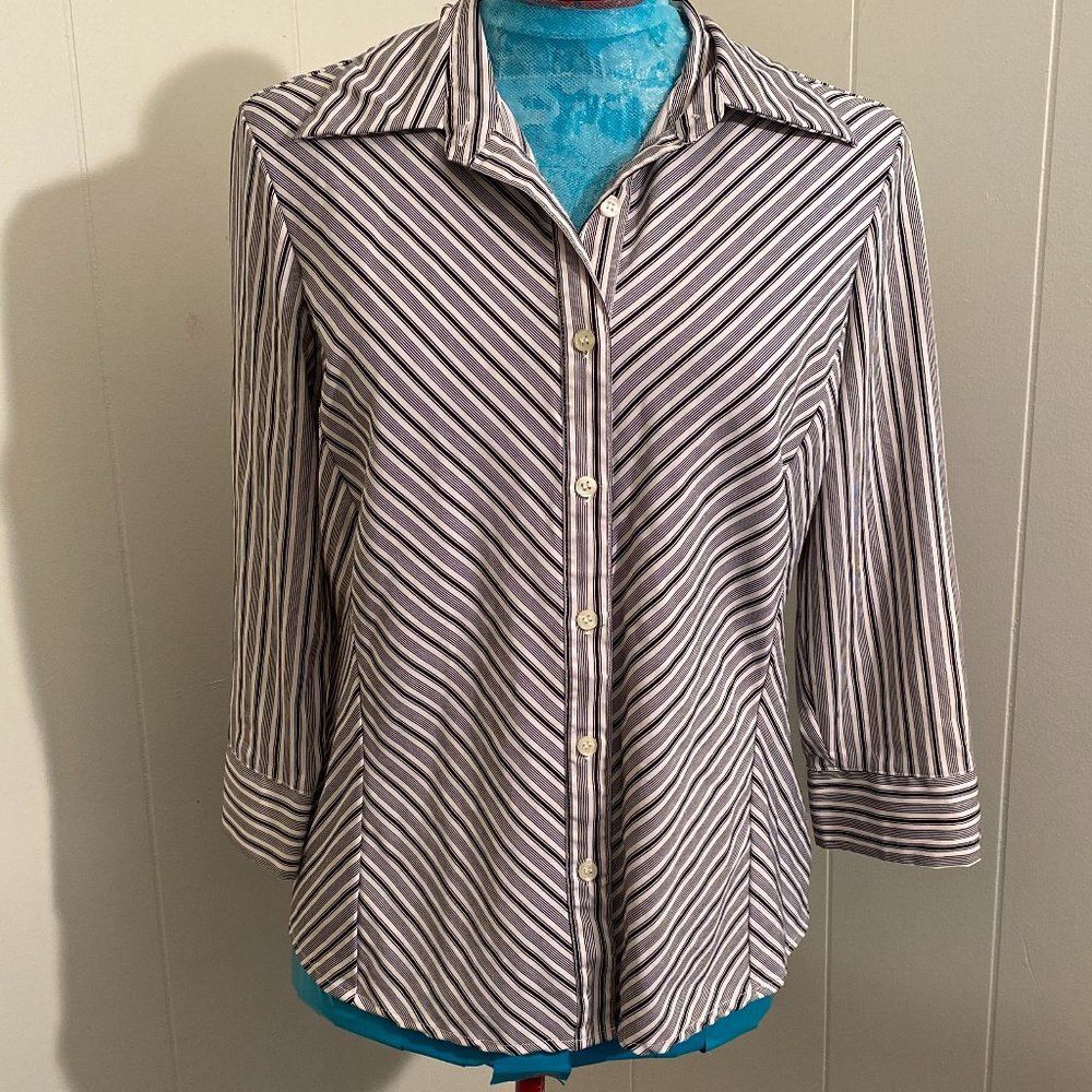 Worthington Stretch Button Up 3/4 Sleeve Stripped Womens Top Size L